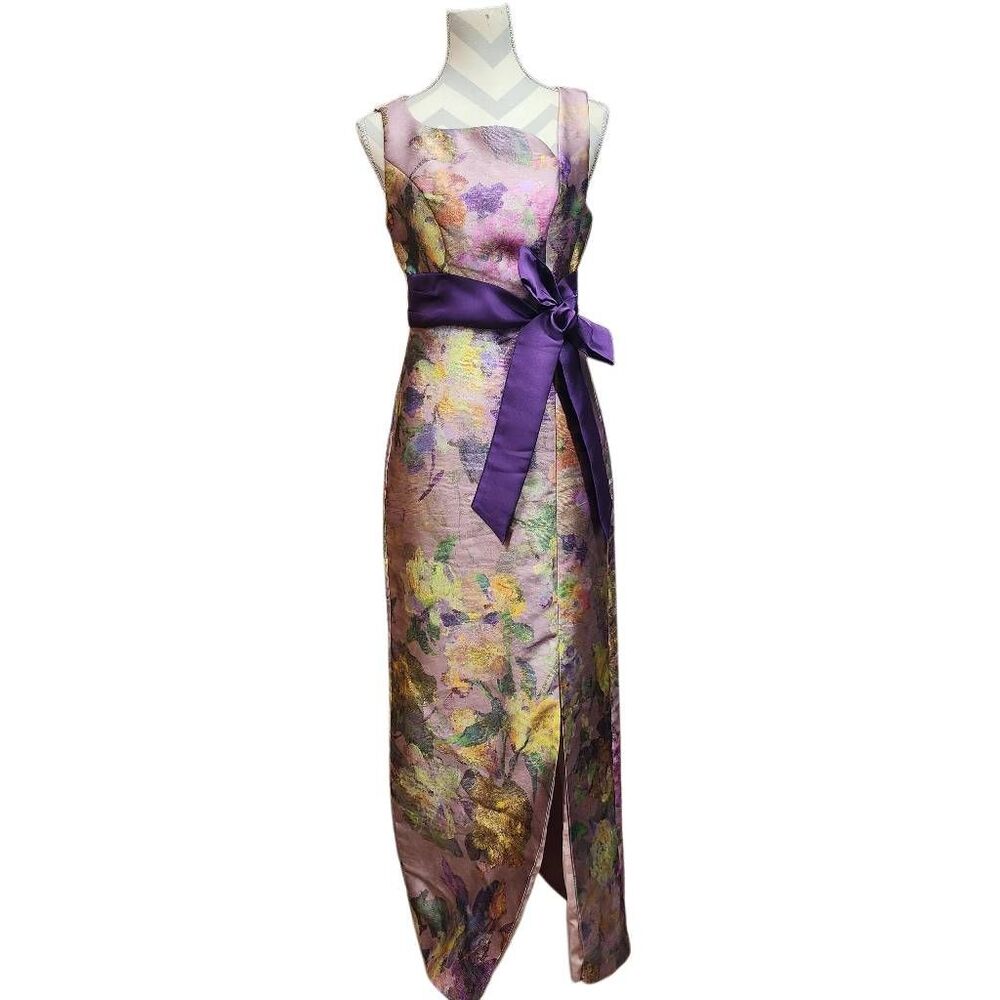Kay Unger Cosette Column Gown Floral Sleeveless Purple Sash Dress Size 4 - Picture 3 of 10